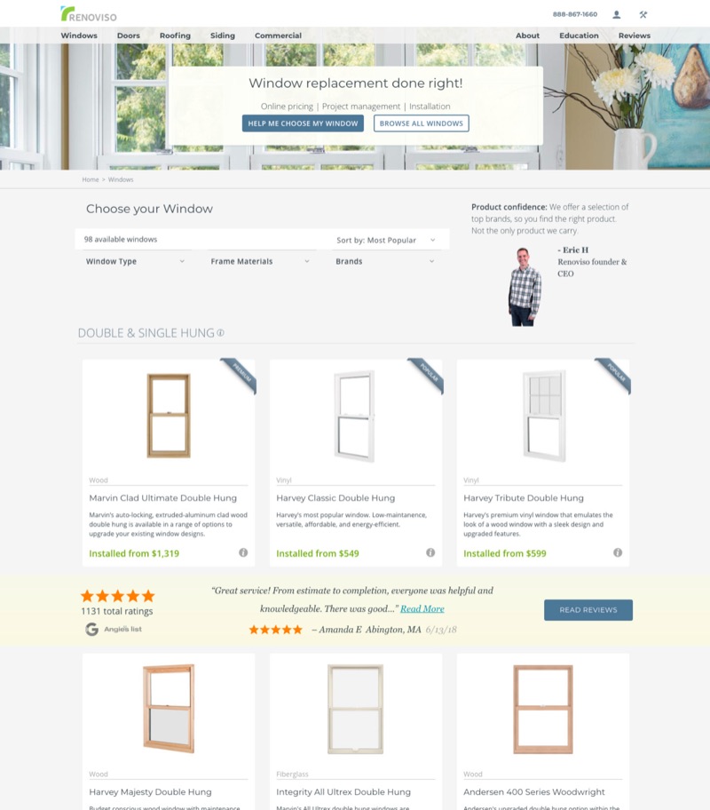 Screenshot of the live Renoviso Windows category page, header, filters, and two rows of window products.