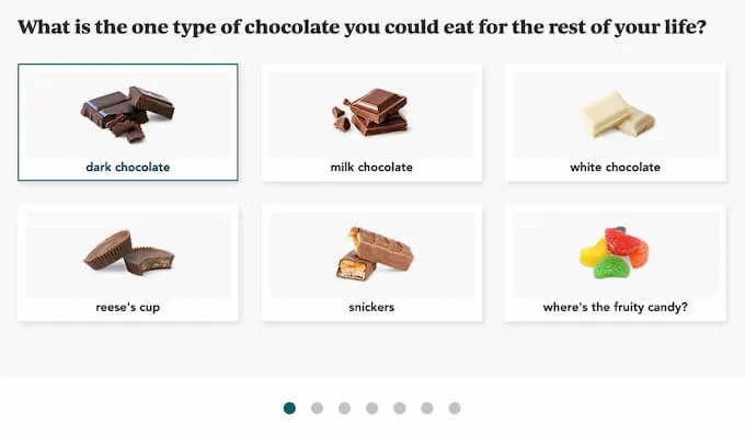 Screenshot of BrightCellars' wine quiz, an icebreaker question about chocolate preference.