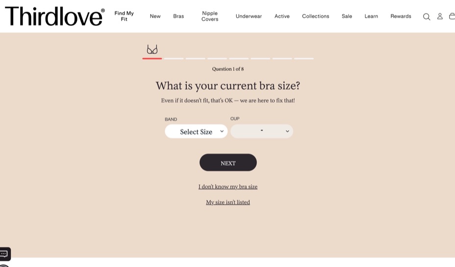 Screenshot of ThirdLove's bra-fit quiz, question 1 of 8.