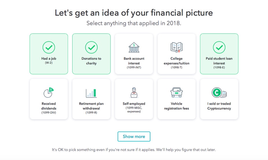 Screenshot of TurboTax's guided intake screen, asking which financial situations applied.