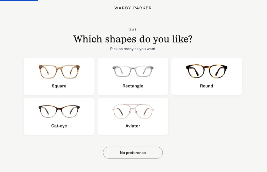 Screenshot of Warby Parker's online glasses-shape quiz.
