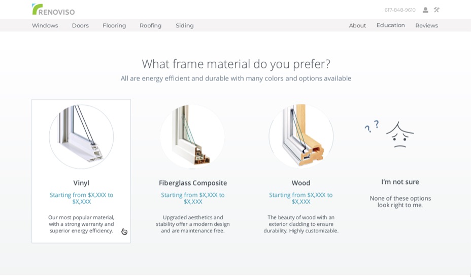 Screenshot of the final prototype's frame material selection screen, starting prices listed for vinyl, fiberglass composite, and wood.
