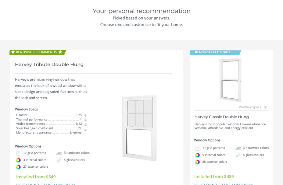 Screenshot of the final prototype's recommendation screen: a best-match and alternate window with specs and installed price.