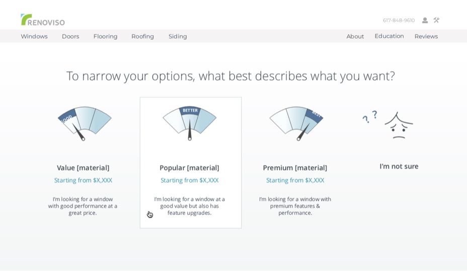 Screenshot of the final prototype's price tier selection screen: value, popular, or premium.