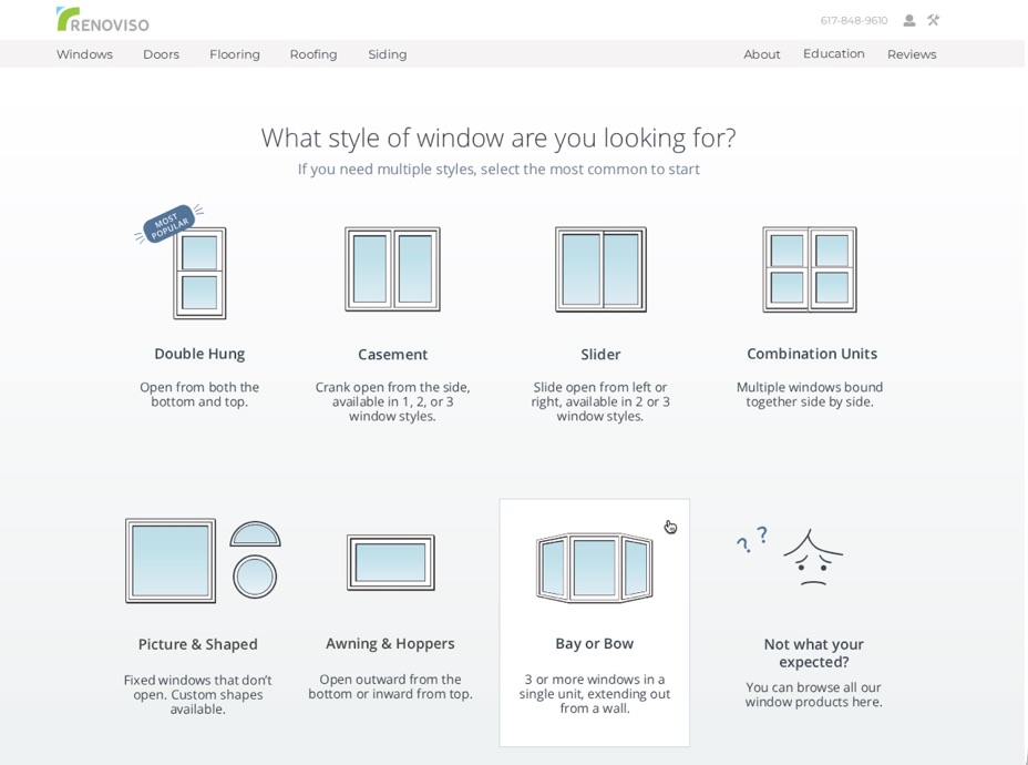 Screenshot of the final prototype's window style selection screen, inside Renoviso's real product chrome.