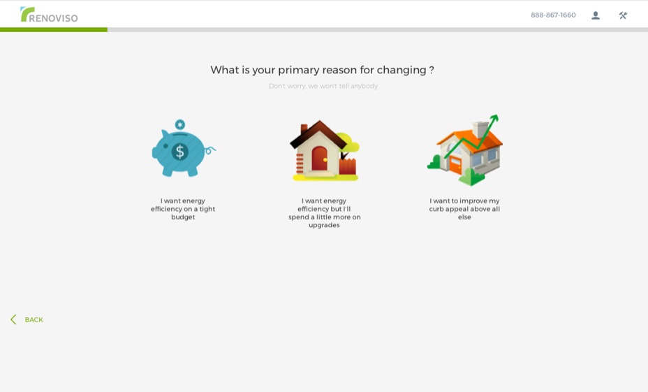 Wireframe asking the user's primary reason for changing windows: budget, upgrades, or curb appeal.
