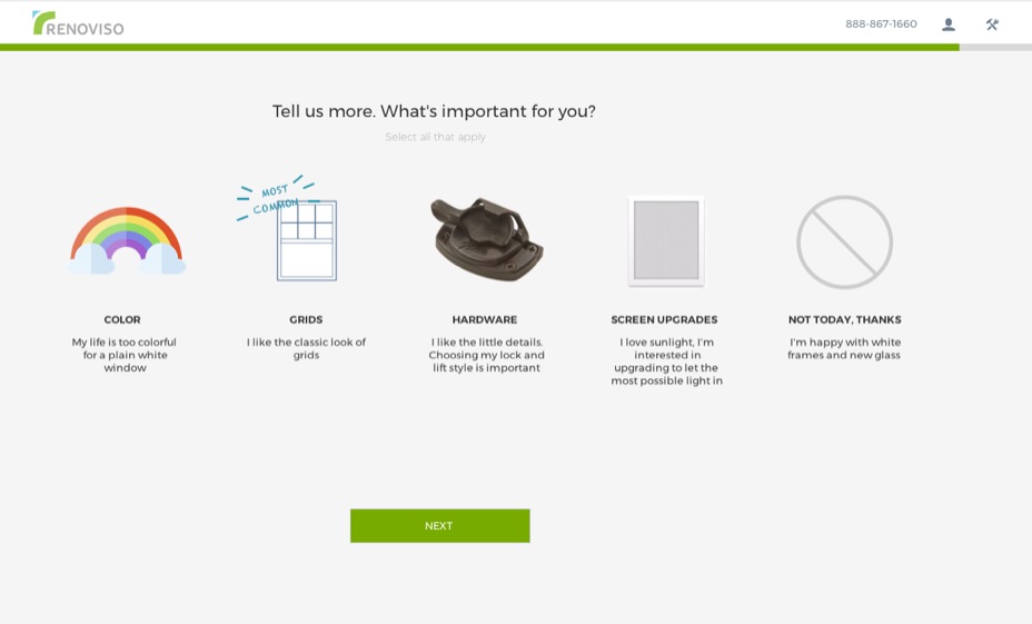 Wireframe asking what's important to the user: color, grids, hardware, or screen upgrades.