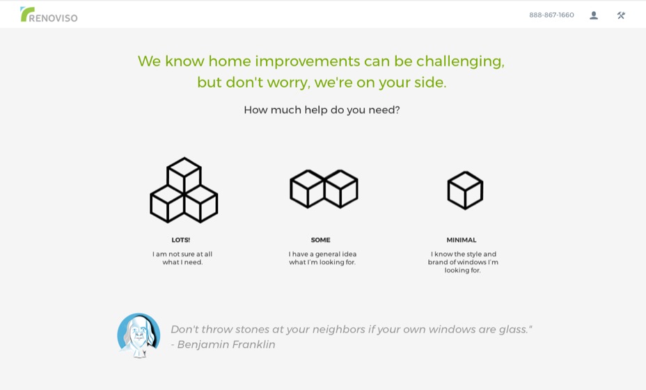 Wireframe of the 2018 prototype's opening screen, asking how much help the user needs, with a Benjamin Franklin quote.