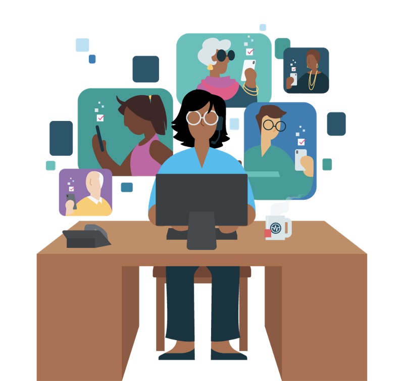 Illustration of a care manager working at her desk, with member profile thumbnails displayed around her.