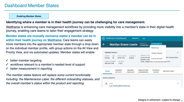 Screenshot of the care manager dashboard showing member states and a status dropdown.