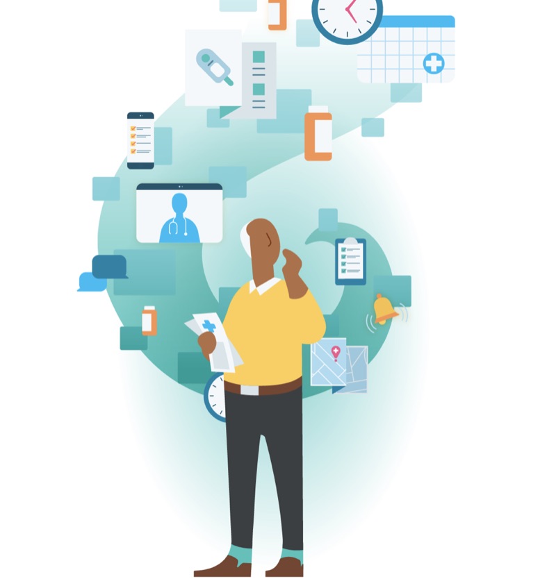 Illustration representing information overload for care management staff — too many inputs, not enough clear signal.