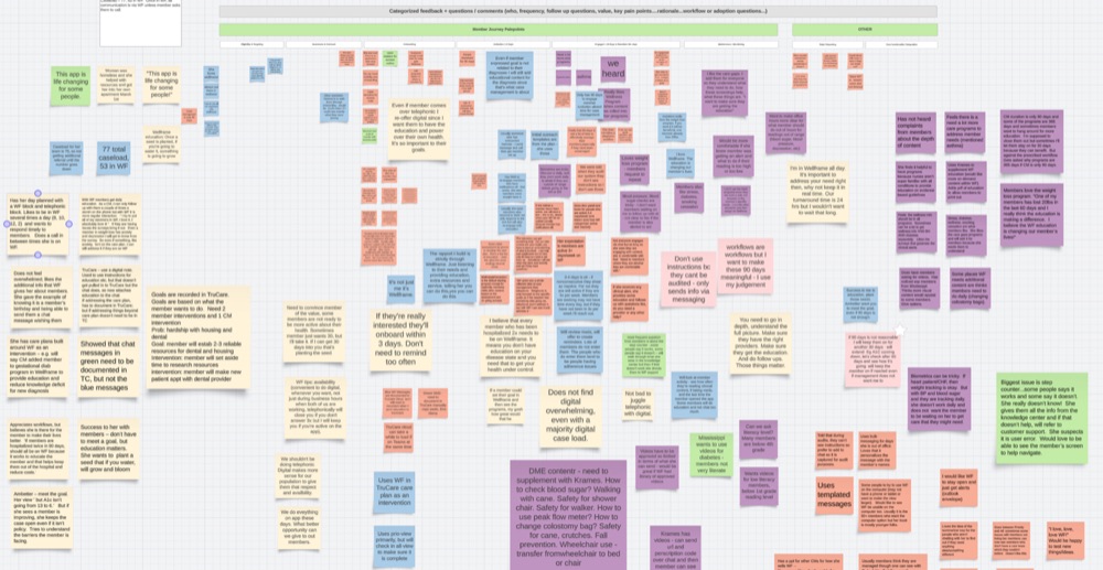 Photo of raw categorized notes from an actual ride-along session, member journey pain points and feedback grouped on sticky notes.